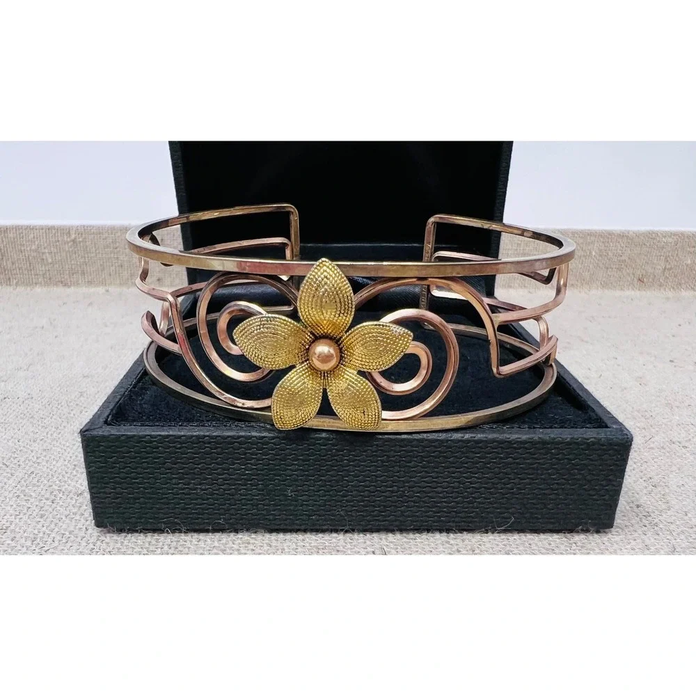 Vintage Krementz Rose Yellow Gold Overlay Flower Filigree Cuff Bracelet